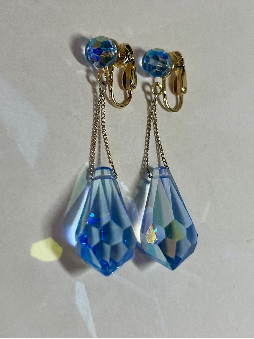 Vintage Art Deco “Czech-Blue” Drop Earrings, Aurora Borealis Brilliant Prisms